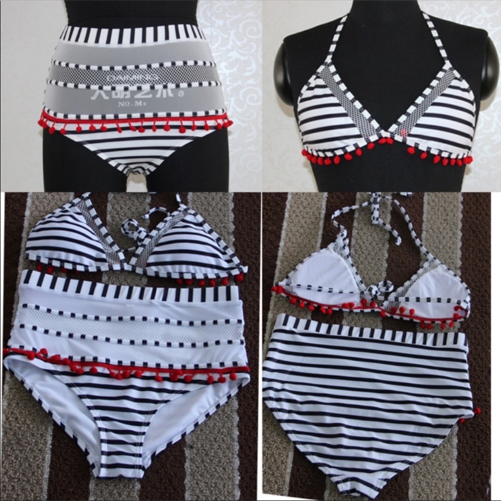 LAST ONE‼️ High Waisted Striped Red pompom Bikini SZ L - Picture 4 of 5